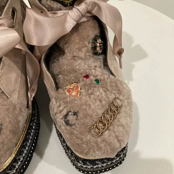 Luxurious Embellished Tan Fur & Suede Platform Boots Silk Laces Women's 8.5 - Picture 12 of 16